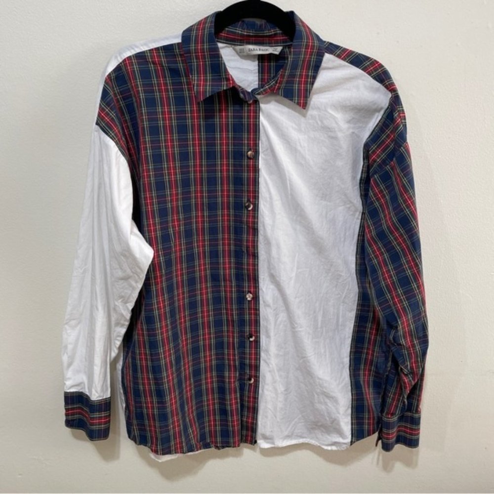 Zara basic women’s half plaid half plain white button down shirt size medium